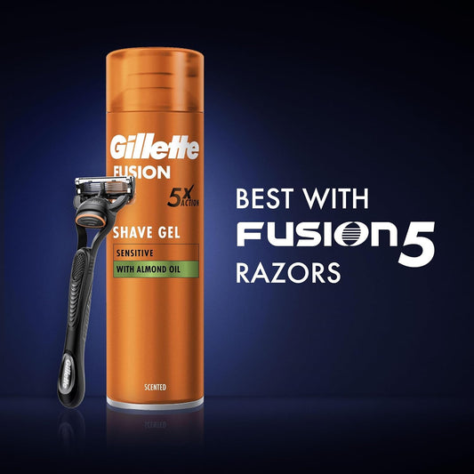 Gillette Fusion Bartpflege Rasiergel Männer (200 ml), mit Mandelöl, für empfindliche Haut, mit 5-Fach-Wirkung: Reinigt, spendet Feuchtigkeit, schützt, erfrischt und beruhigt, Geschenk für Männer