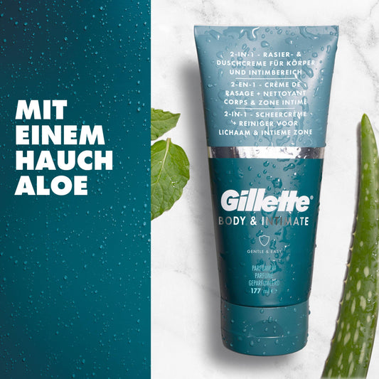 Gillette Body & Intimate 2-in-1 Rasier-und Duschcreme, sanfte Formel, formuliert für die Körper & Intimbehaarung, mit Aloe, frei von Parabenen, 177ml